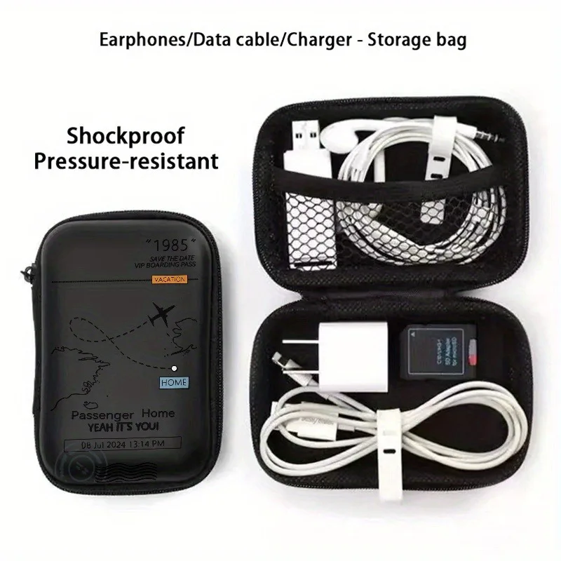 Bolsa de almacenamiento rígida EVA con estampado de rutas de aviones |   Organizador de Viaje con Cierre Anti-caídas para Dispositivos Electrónicos, Auriculares, Discos Duros y Cables