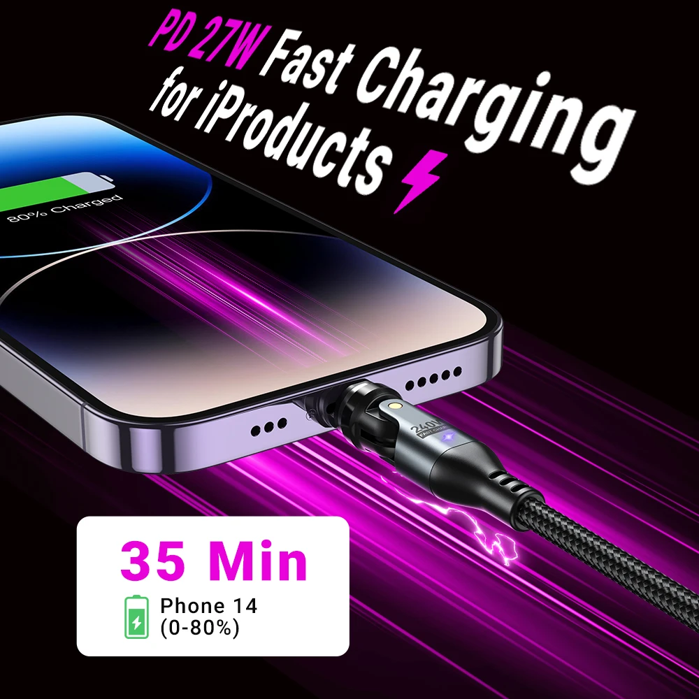 AUFU-Cable magnético tipo C de 240W, supercarga PD3.1 para MacBook, PC, Samsung, Xiaom, iPhone 5A, Cable cargador magnético de USB-C de carga rápida