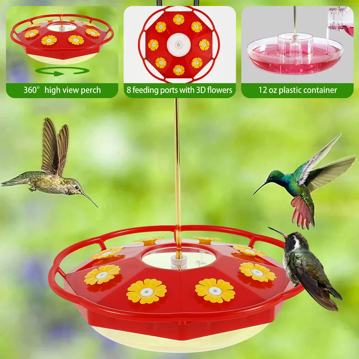 Comedero para colibríes con 8 alimentadores, comedero colgante para pájaros, alimentador para colibrí con forma de flor a prueba de hormigas y abejas para jardín y exteriores