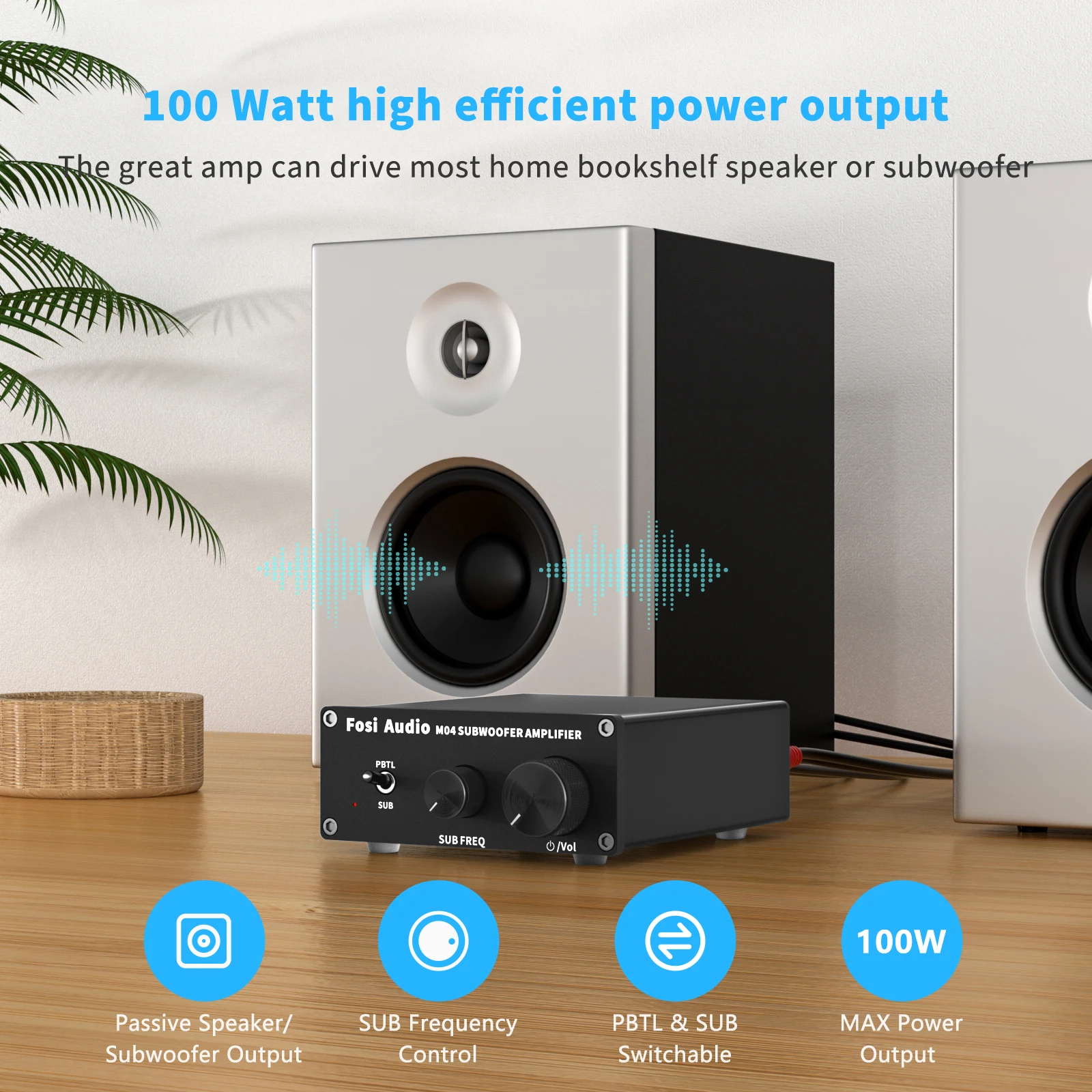 Fosi Audio Mono amplificador Subwoofer Amp 100W con amplificador de potencia de graves para altavoz pasivo doméstico M04