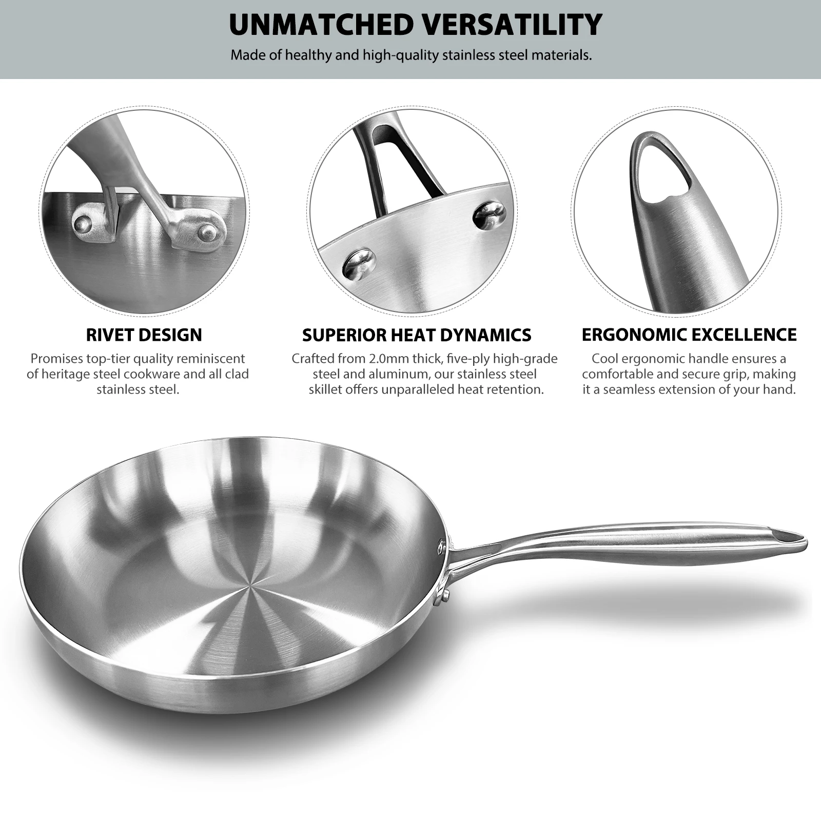 Sartén de acero inoxidable 304, sartén antiadherente, olla para carne frita, utensilios de cocina sin recubrimiento para estufa de Gas y cocina de inducción