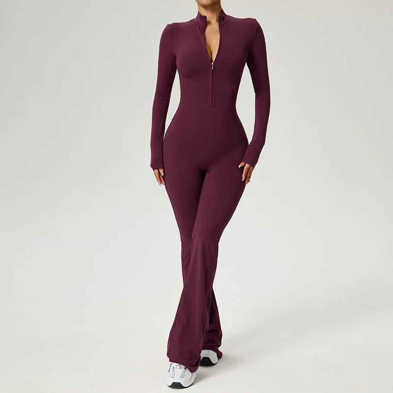 Nuevo Mono con Cremallera y Pantalones Acampanados, Ropa Deportiva para Mujer, Conjuntos Deportivos de Yoga y Gimnasio, Conjuntos de Entrenamiento de Spandex y Nailon, Chándal para Mujer