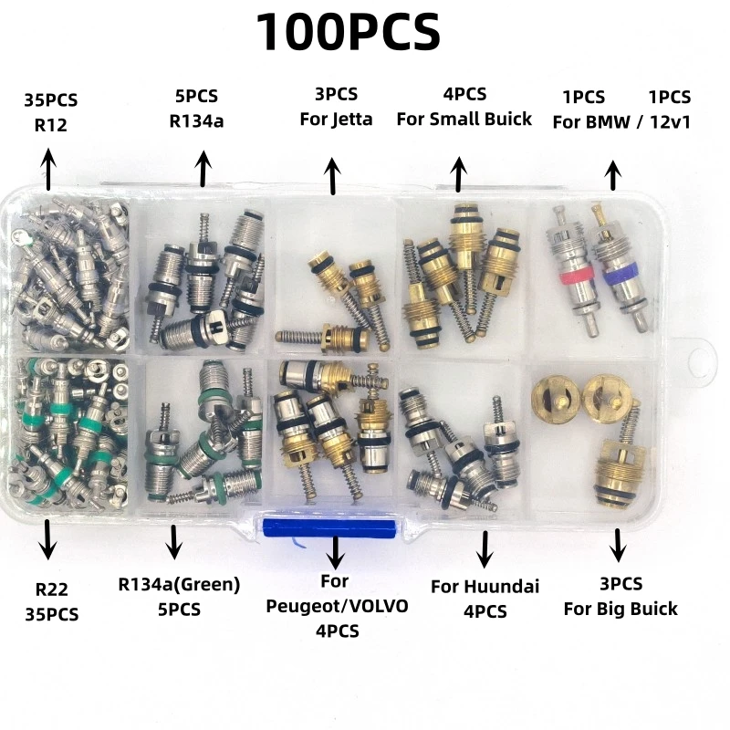 Kit surtido de aire acondicionado automotriz, válvulas de núcleo A/C para coche R134A, 100 unids/caja