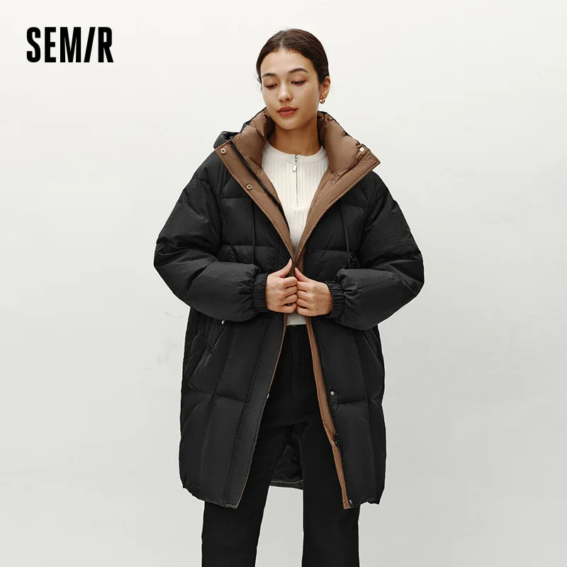 Chaqueta de Plumón Semir para Mujer, Larga, con Capucha, Negra, Invierno 2026, Nueva, Holgada, Abrigo de Moda