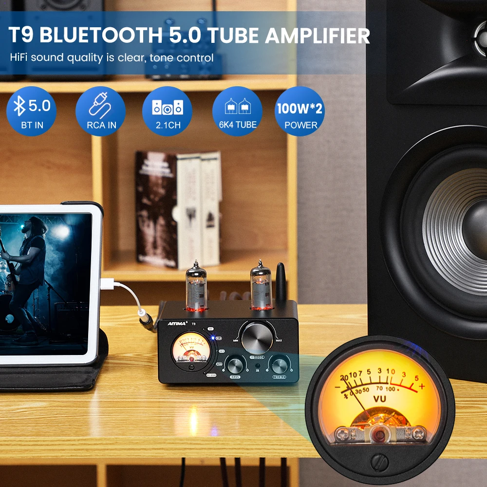 AIYIMA-Amplificador DE tubo de vacío T9, HiFi, Bluetooth 5,0, USB, DAC, estéreo, coaxial, OPT, VU, medidor, altavoz
