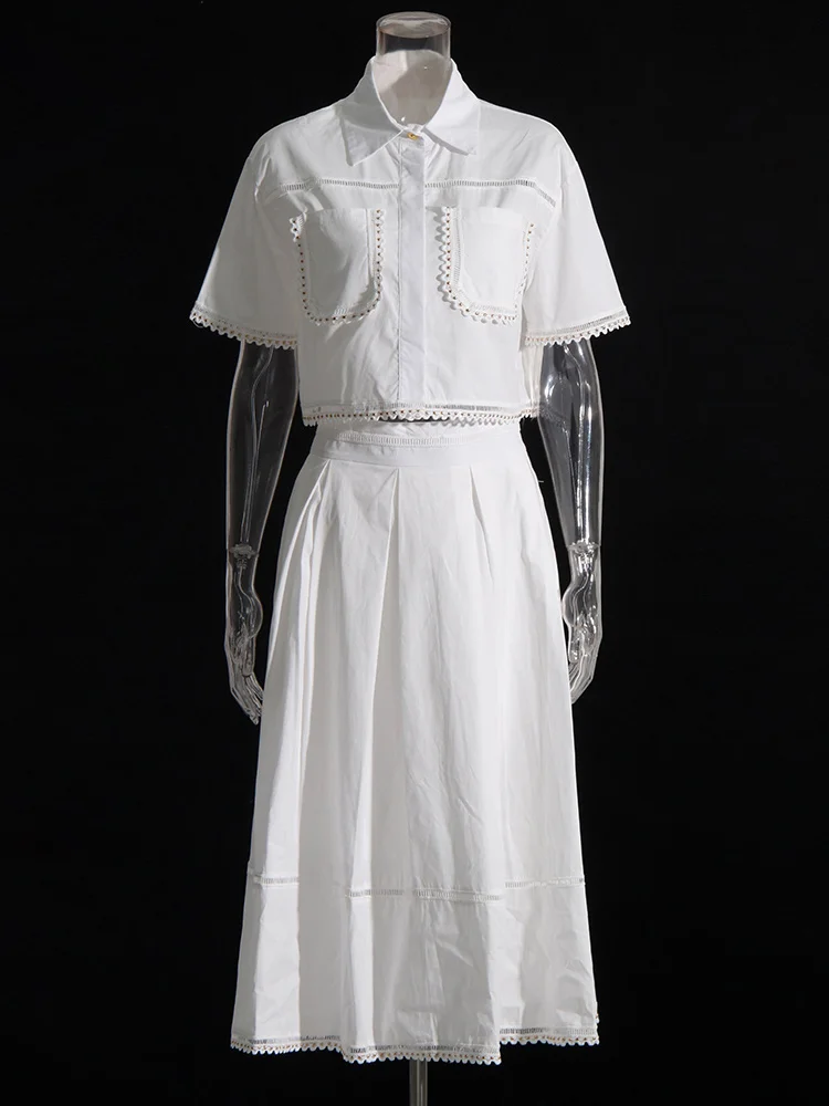 TWOTWINSTYLE, conjuntos lisos de dos piezas para mujer, Tops de manga corta con solapa, falda acampanada de cintura alta, conjuntos adelgazantes, estilo de moda femenina