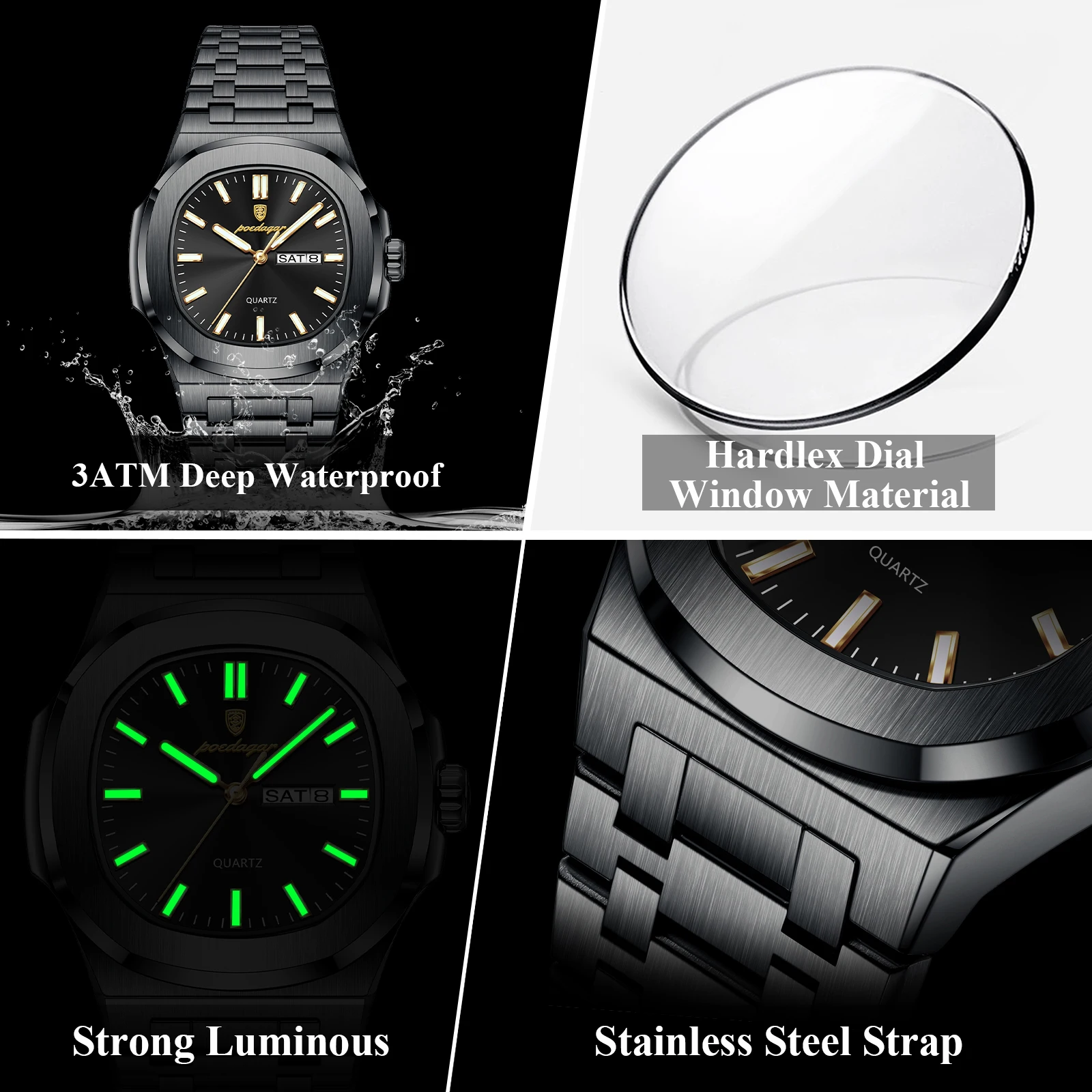 POEDAGAR, relojes cuadrados de lujo para hombre, Reloj luminoso resistente al agua con fecha y semana para hombre, Reloj de pulsera de cuarzo a la moda de acero inoxidable para hombre