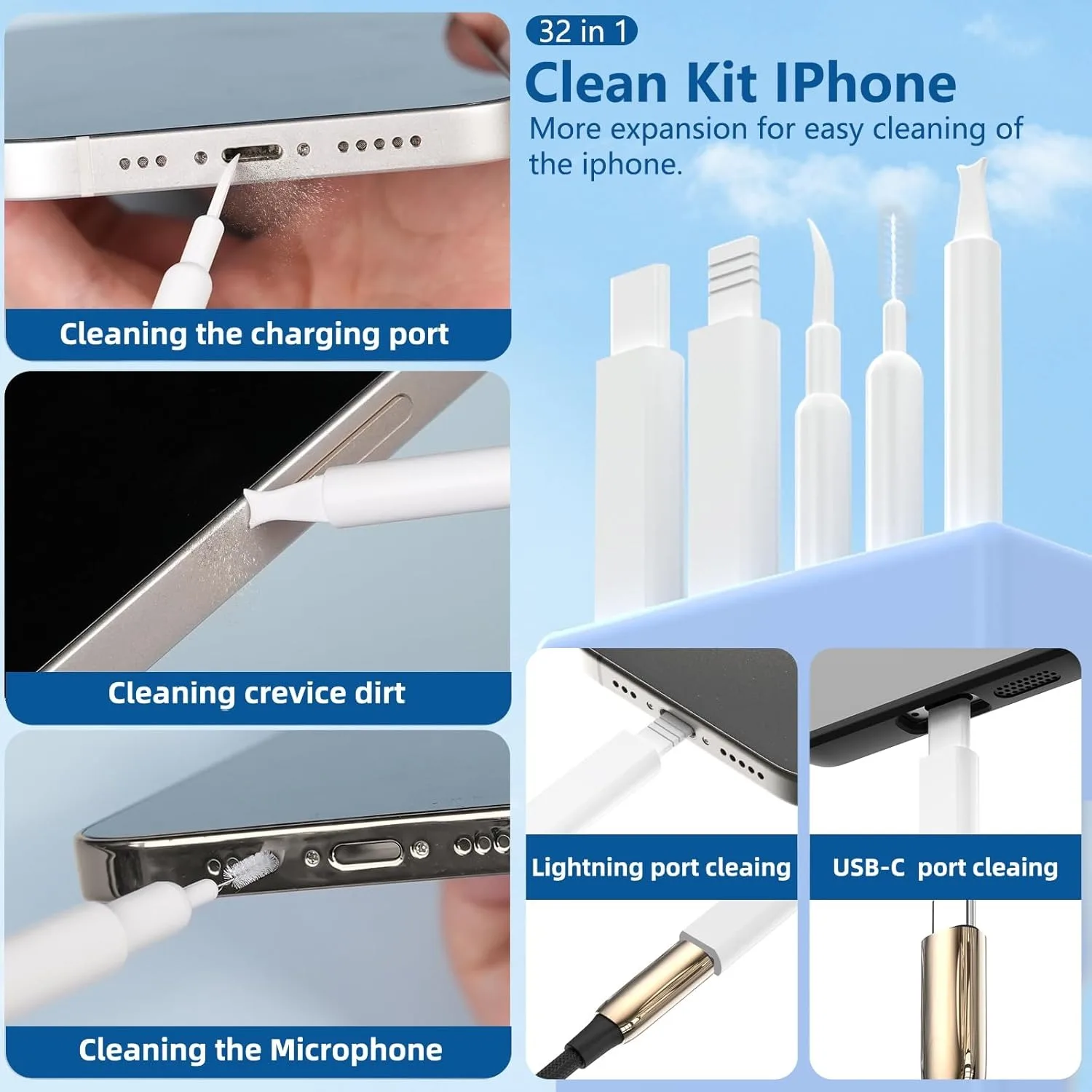 Kit de limpieza profunda multifuncional 20/32 en 1 para puertos de iPhone, AirPods, teclado y extracción de teclas - Herramientas de precisión