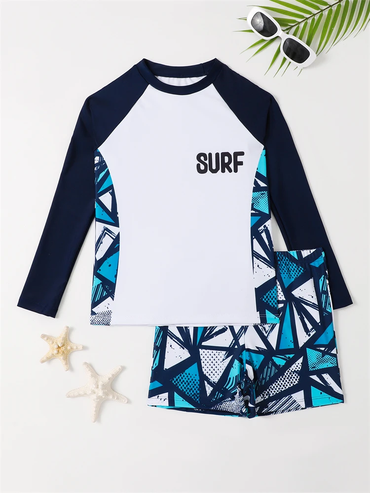 Traje de Baño para Niño 2026, Nuevo Diseño Geométrico, Manga Larga, Traje de Baño Infantil de Dos Piezas, Ropa de Playa para Niños, Traje de Baño para Natación
