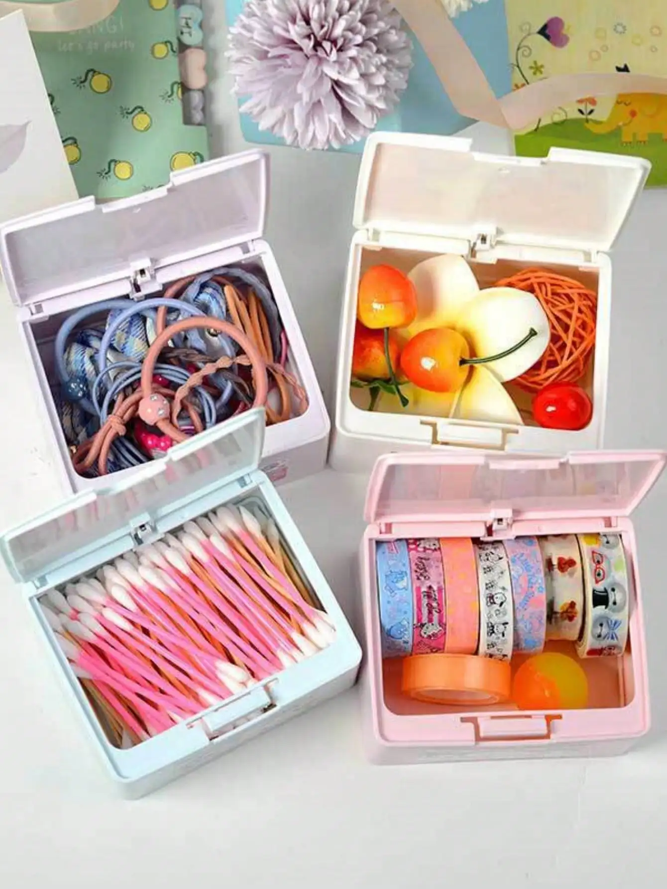 1 pieza de caja de almacenamiento de plástico Hellokitys Kuromi con tapa de apertura a presión - Almacenamiento moderno para hilo dental, almohadillas cosméticas y objetos pequeños