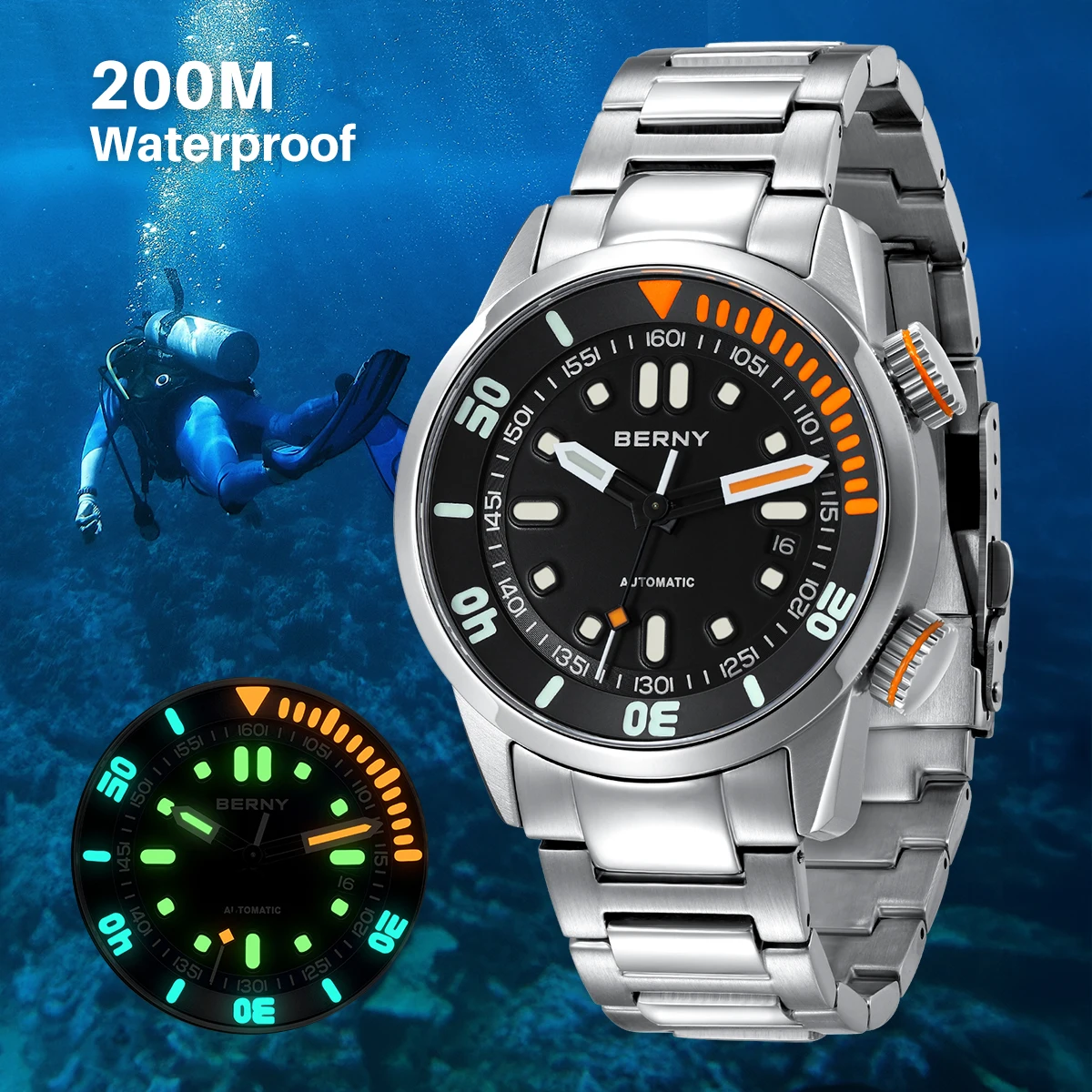 Reloj de buceo automático BERNY para hombre, reloj de pulsera superluminoso de 20 ATM, reloj mecánico deportivo de zafiro original para hombre