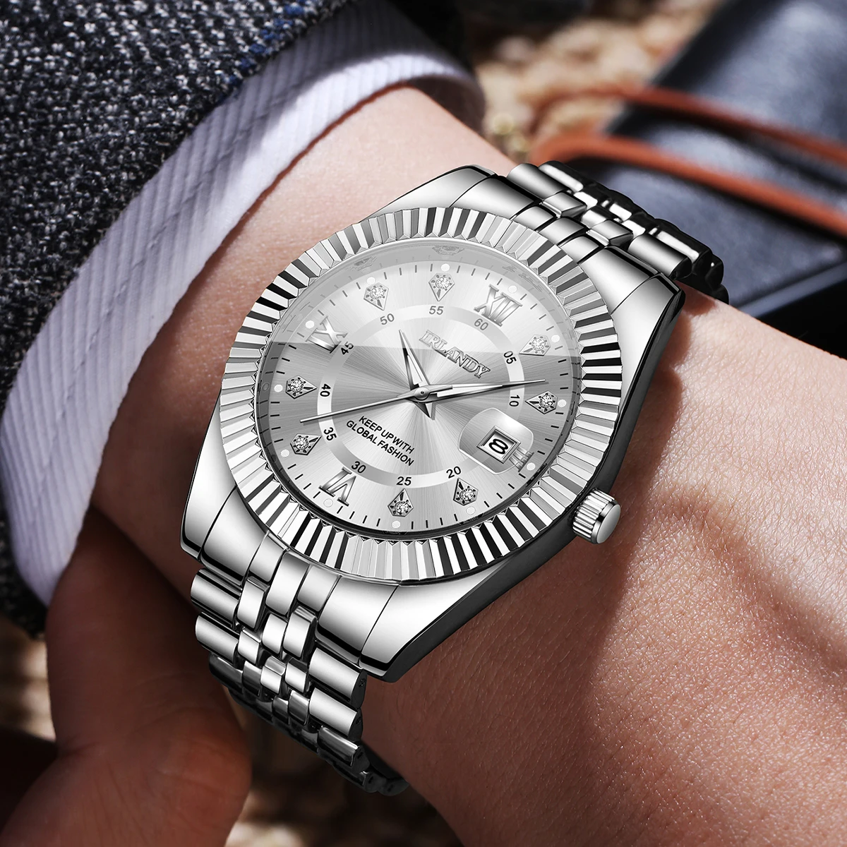 Relojes de lujo con diamantes de imitación para hombre, reloj de cuarzo con calendario a la moda para hombre con correa de acero inoxidable, Reloj Hombre (sin caja)