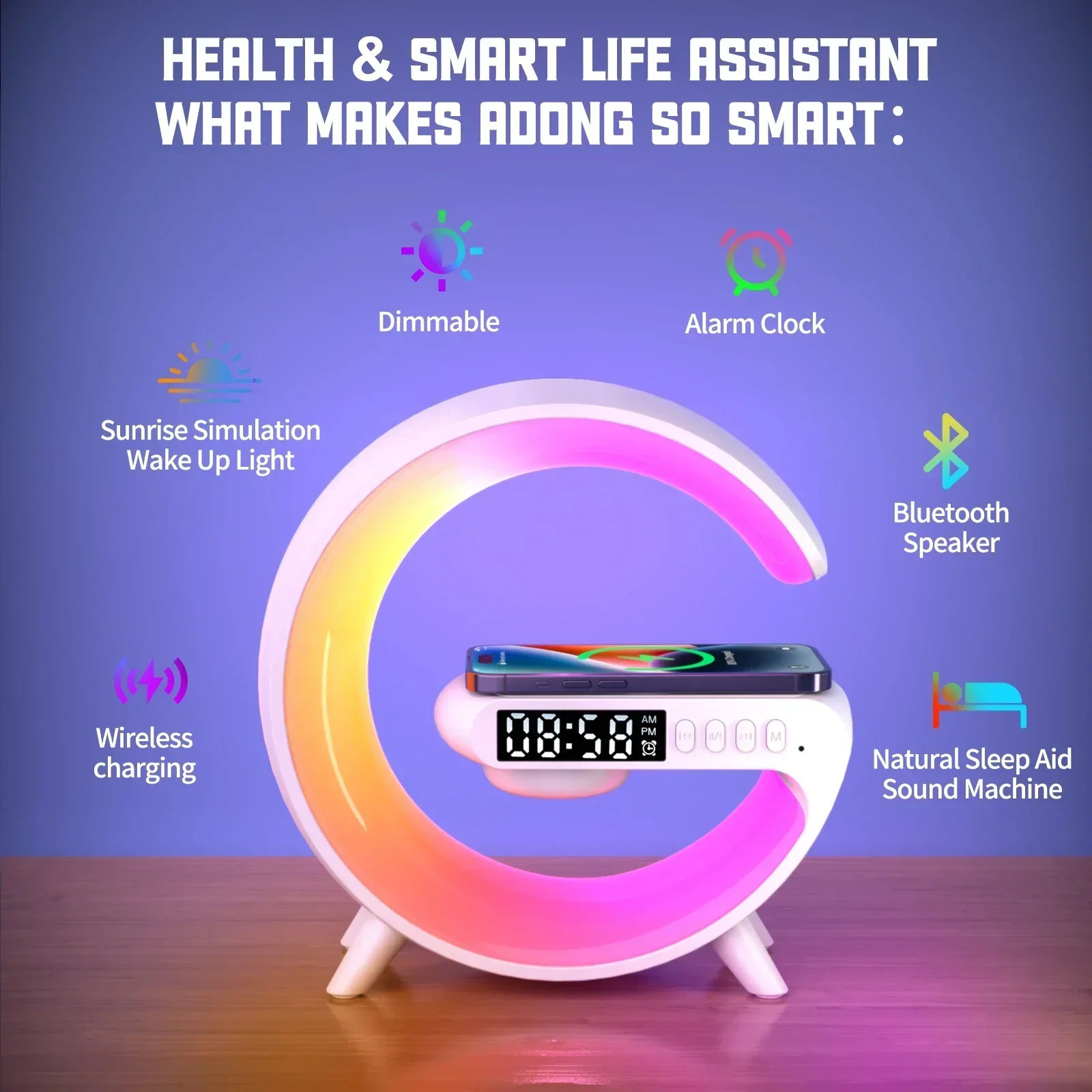 Soporte de cargador inalámbrico multifunción, altavoz despertador con luz RGB para iPhone, Samsung, Xiaomi, Mini estación de carga rápida
