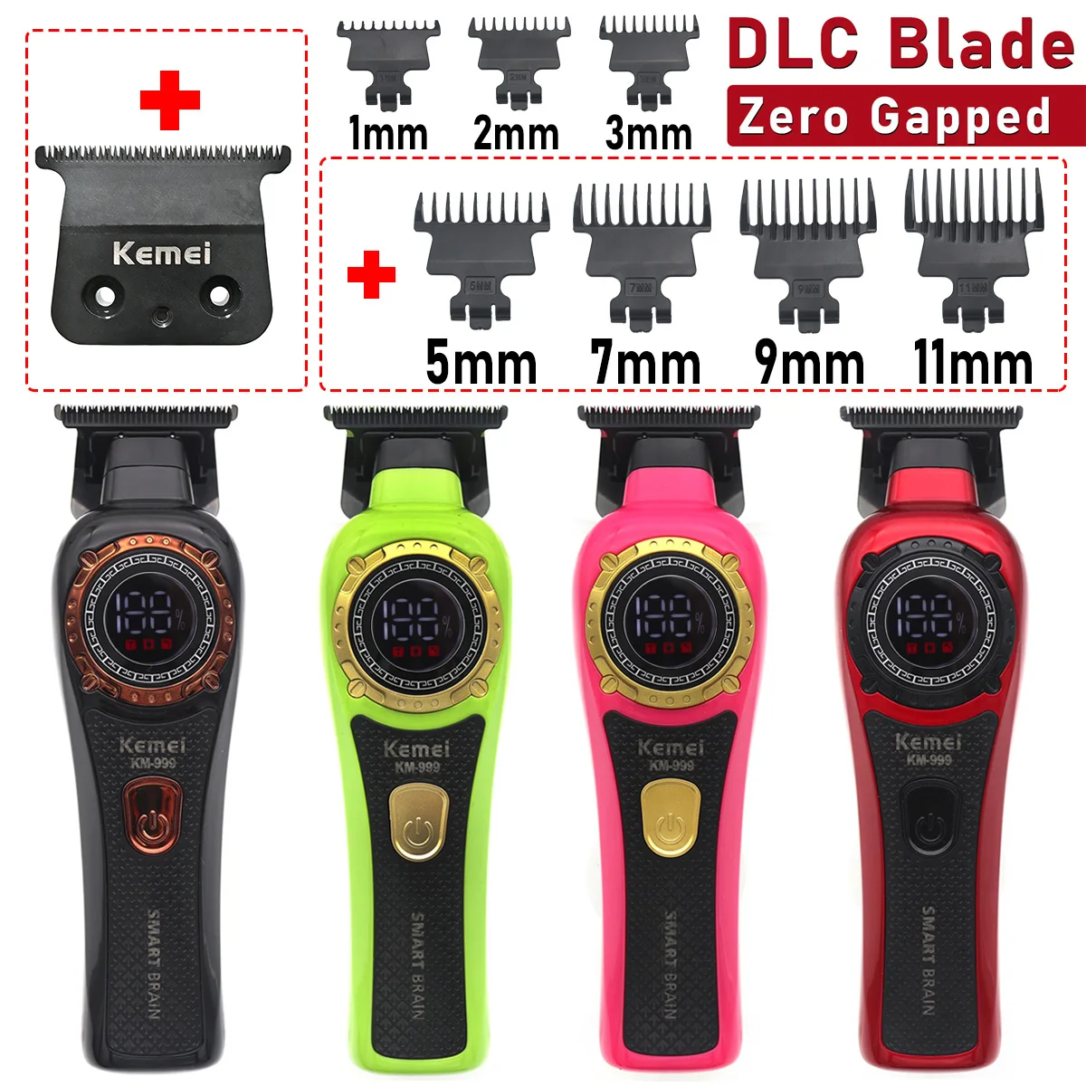 Cortadora de pelo Kemei KM-999 para hombres DLC T-Blade Zero Gapped pantalla LED inalámbrica USB cortadora de pelo profesional máquina de acabado