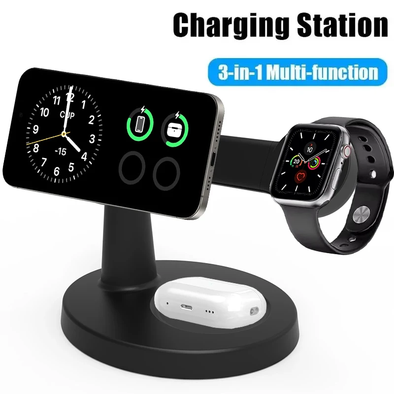 Soporte de cargador inalámbrico magnético 3 en 1 para Magsafe iPhone 16 15 14 13 Pro Max Apple Watch 9 8 AirPods Pro estación de carga rápida