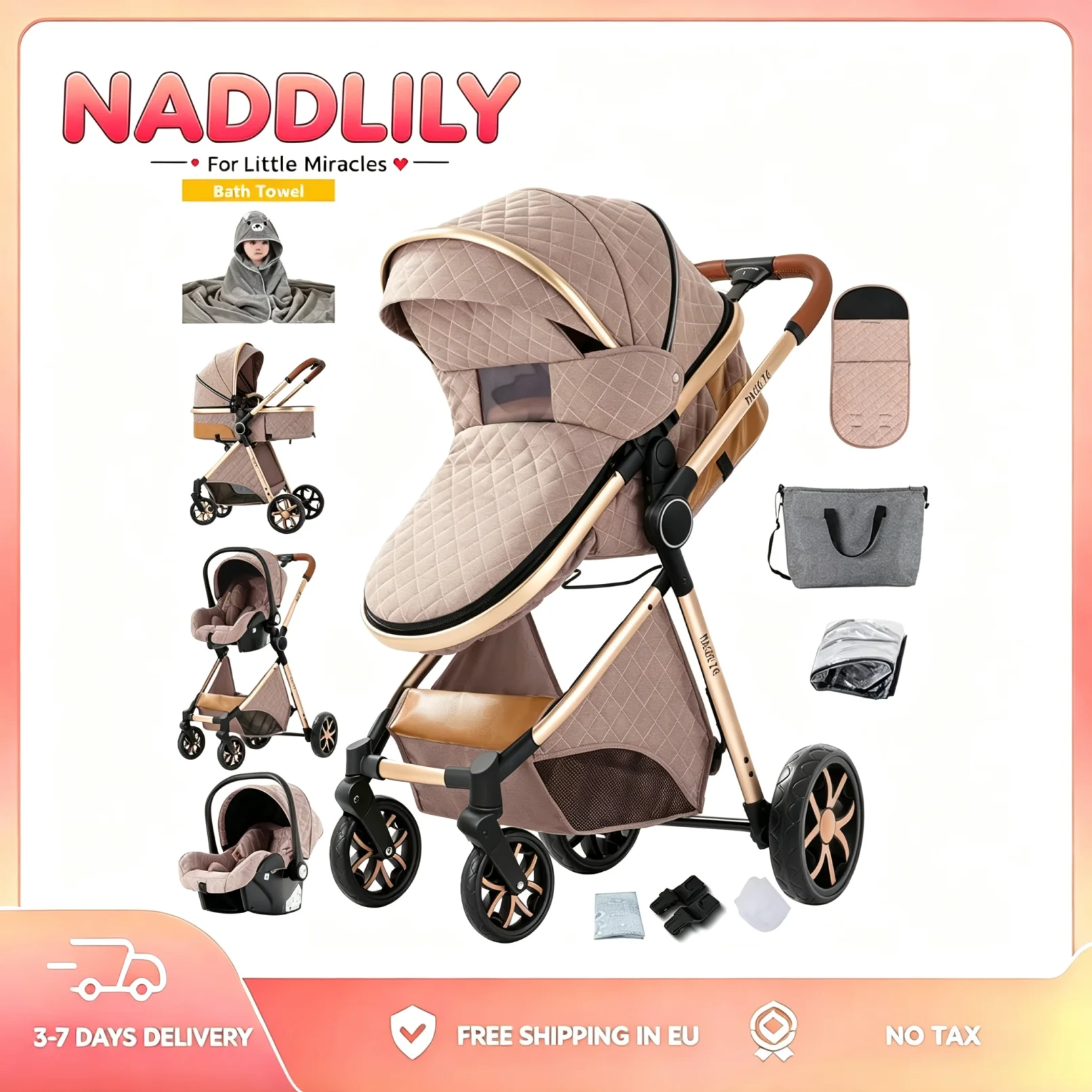 Cochecito Ligero de Cuatro Ruedas, Accesorios para Bebés, Cochecito Ligero 3 en 1, Portabebés para Recién Nacidos