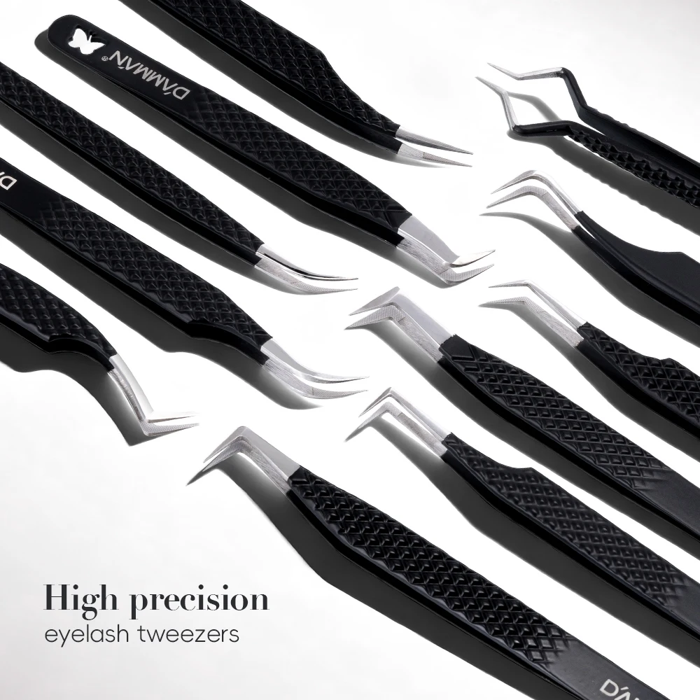 DAMMAN Juego de 3 Pinzas para Pestañas con Punta de Fibra, Pinzas de Alta Precisión para Extensión de Pestañas con Estuche de Cuero, Herramientas de Maquillaje