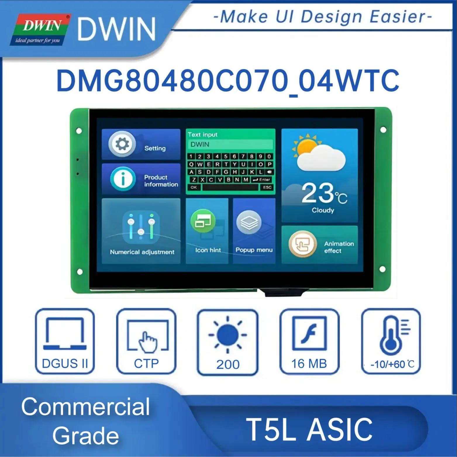 DWIN 7 pulgadas módulo LCD 800*480 RS232/TTL HMI pantalla de Panel táctil comercial pantalla inteligente UART TFT DMG80480C070-04W