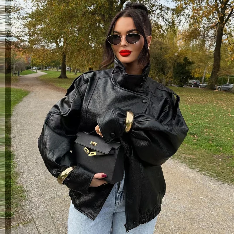 HXAO, recién llegado, chaqueta Bomber para mujer, chaquetas negras de cuero, prendas de vestir exteriores recortadas de gran tamaño, abrigos de manga larga con cremallera, chaqueta para exteriores