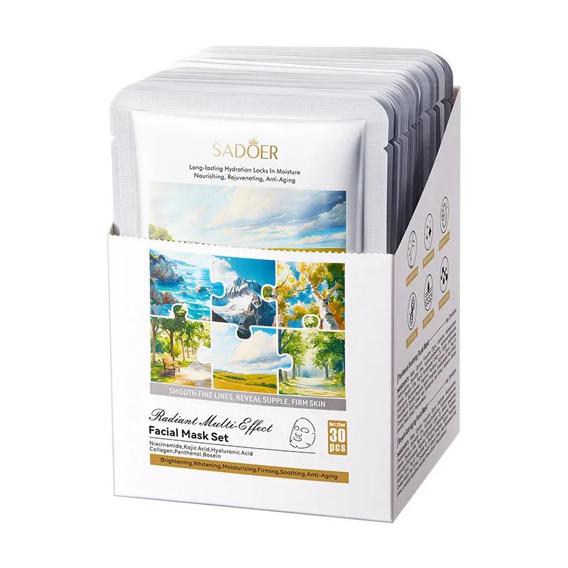 Paquete de 30 mascarillas faciales SADOER con múltiples ingredientes, parches de mascarilla facial con seis fórmulas de esencia suave SADOER, mascarillas hidratantes de un solo uso para reponer la humedad para todo tipo de piel