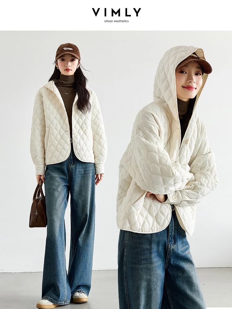 Chaquetas Acolchadas Beige para Mujer VIMLY, Parkas Cortas con Capucha, Manga Larga, Bolsillos Holgados, Ropa de Invierno 2026, Modelo M9530