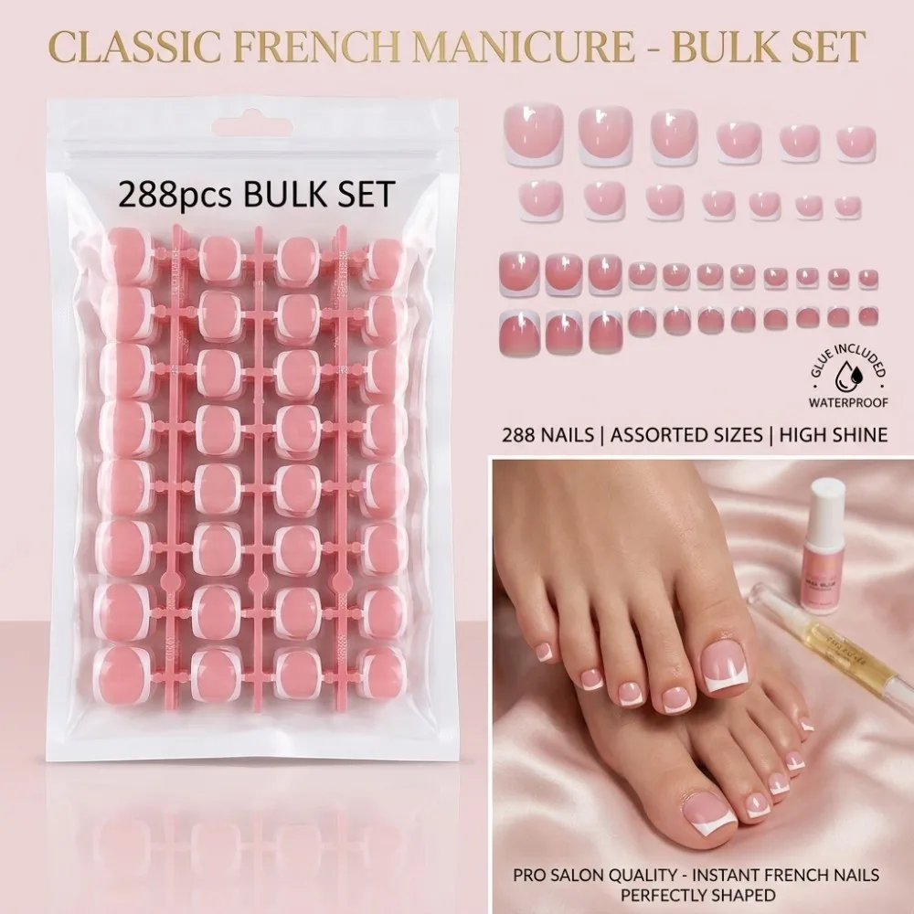 288 Uñas Postizas Francesas para los Pies, Cortas, Cuadradas, Base Rosa, Borde Blanco, Acrílicas, Set de Uñas Postizas para Pedicura y Extensión
