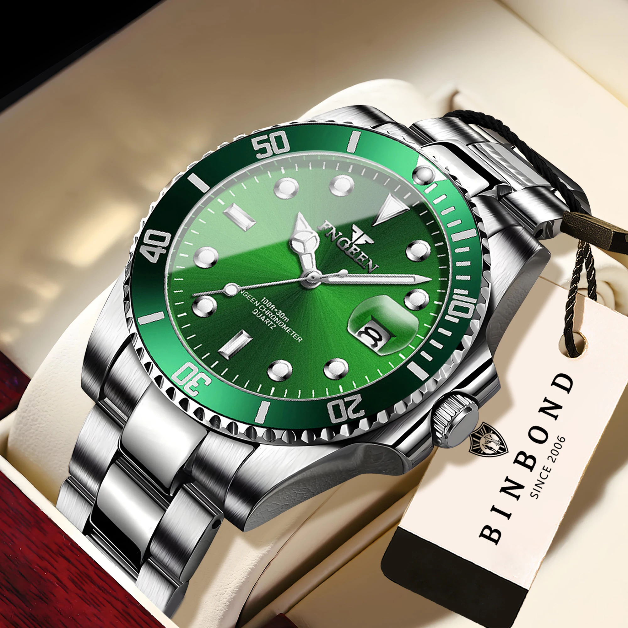 Relojes de pulsera de cuarzo con correa de acero inoxidable de la marca FNGEEN Son de BINBOND para hombre, reloj luminoso impermeable para hombre, reloj de lujo.