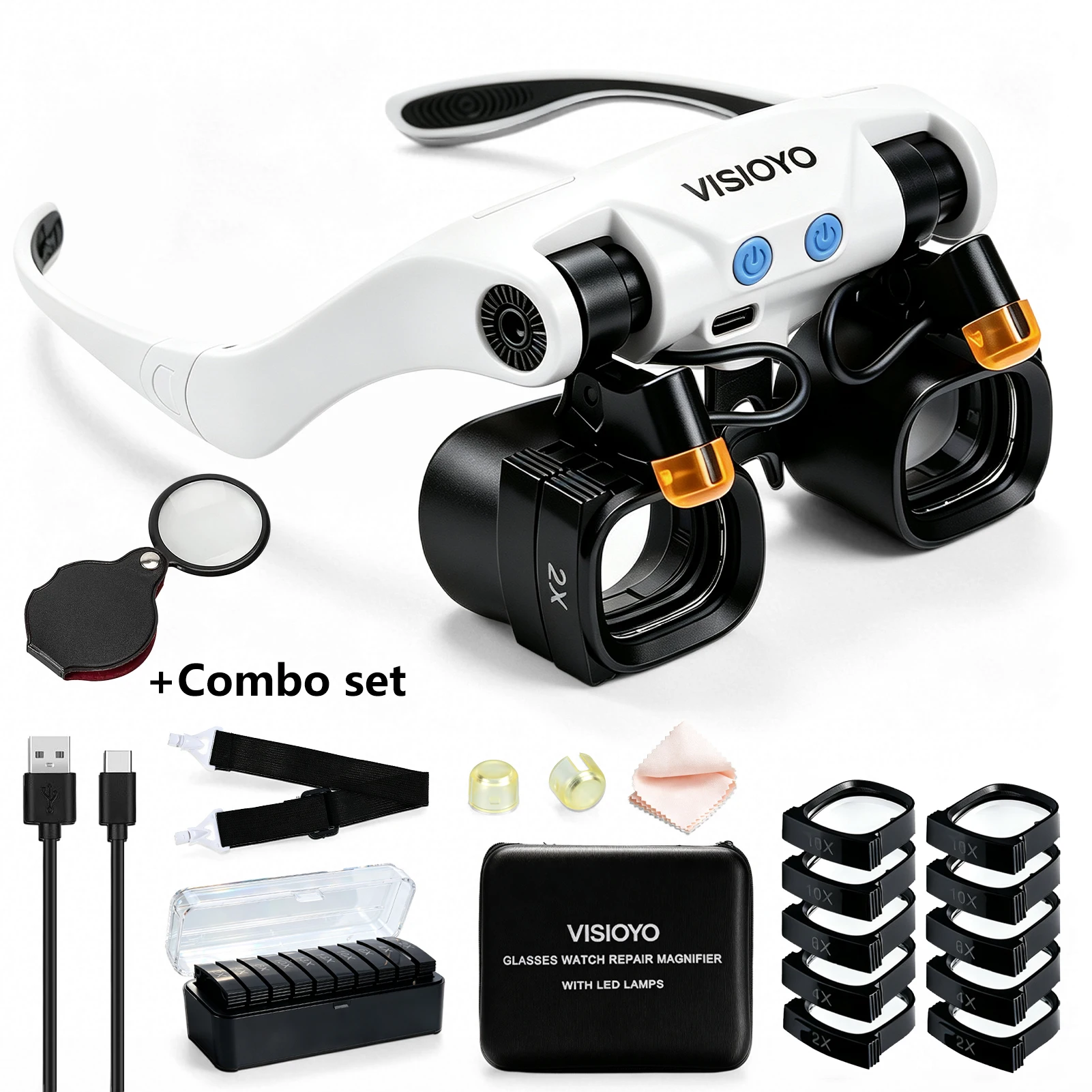 Lupa LED de cabeza con lentes intercambiables (paquete de 2) con bolsa de almacenamiento y lentes de 2X, 4X, 6X, 10X, 13X, ideal para trabajos de precisión, reparación de relojes, soldadura de placas de circuitos, grabado a mano e identificación de joyas.