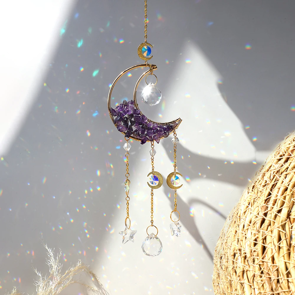 Atrapasueños de amatista con piedras preciosas de cristal y Luna, atrapasueños para decoración del hogar, ventana de cristal de arcoíris, decoración de jardín y patio al aire libre
