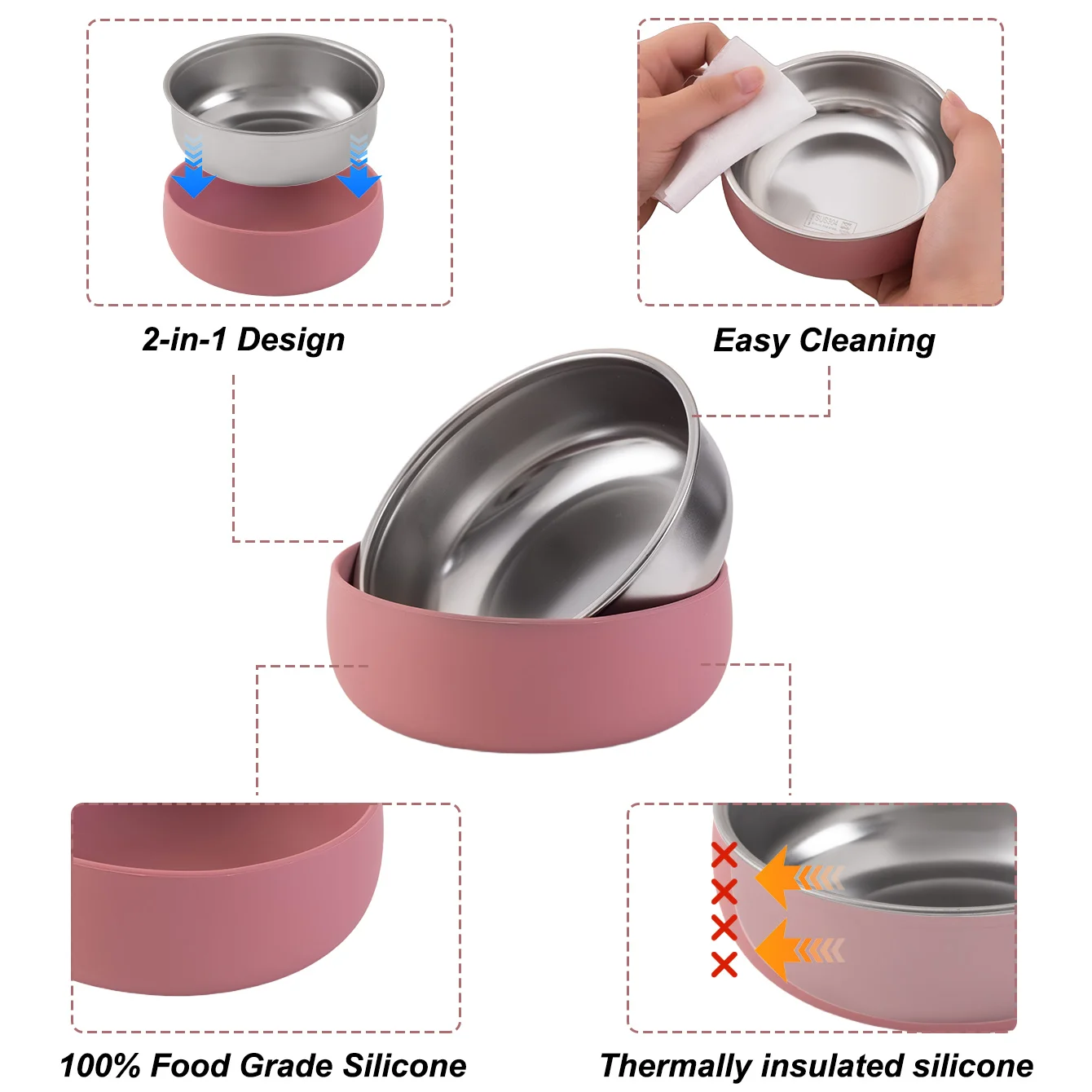 Color niños 2 uds tazón de acero inoxidable juego de vajilla para alimentación de bebé plato de comida de silicona desmontable sin BPA vajilla para niños