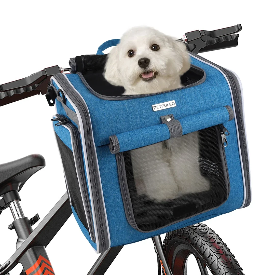 Cesta para bicicleta para perros o gatos, mochila transportadora para mascotas de cara suave expandible con 4 puertas abiertas, portabicicletas plegable para perros
