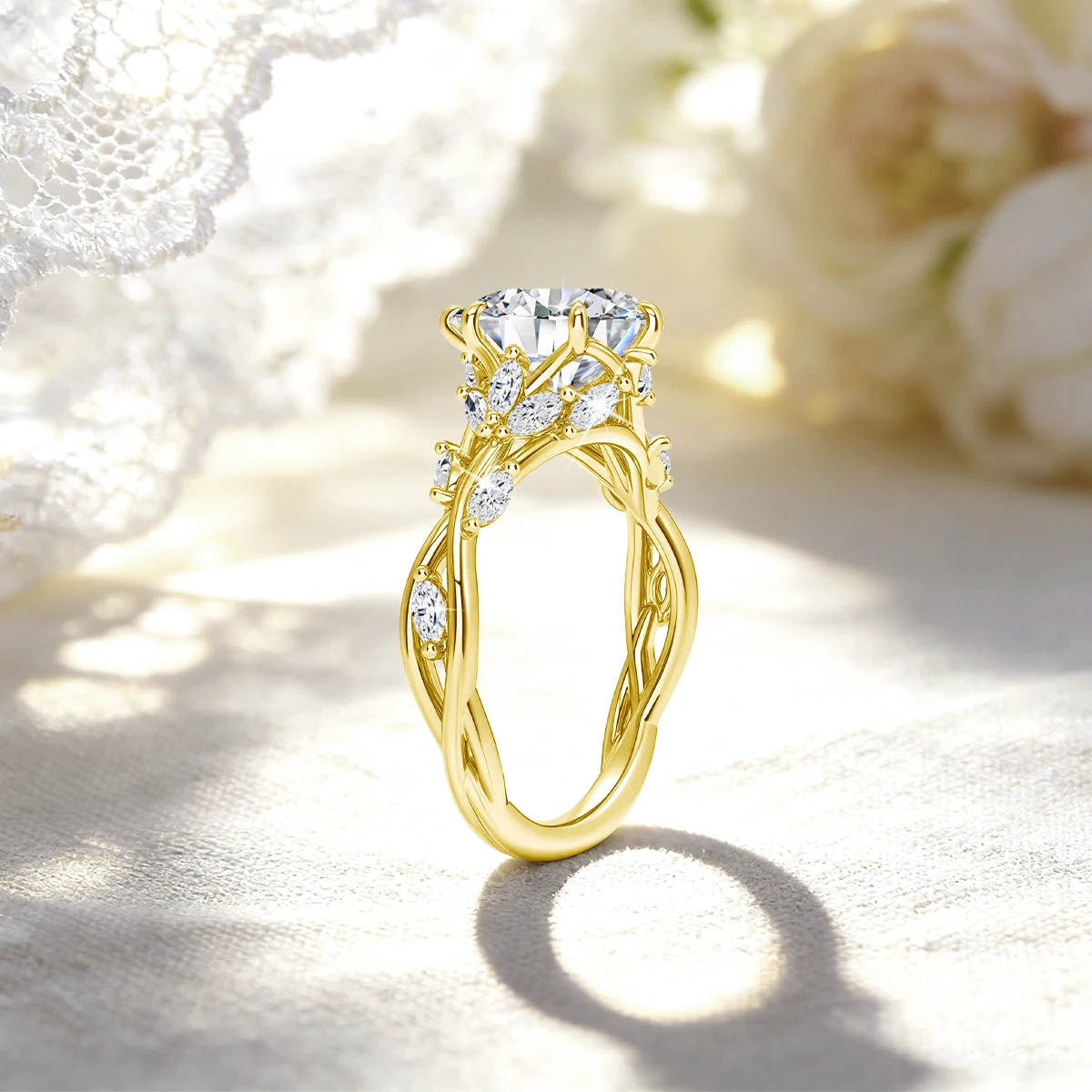 Anillo de Compromiso de Oro Real de 14K con Moissanita de 3CT, Corte Marquesa, Certificado GRA, Inspirado en la Naturaleza, Au585, para Mujer