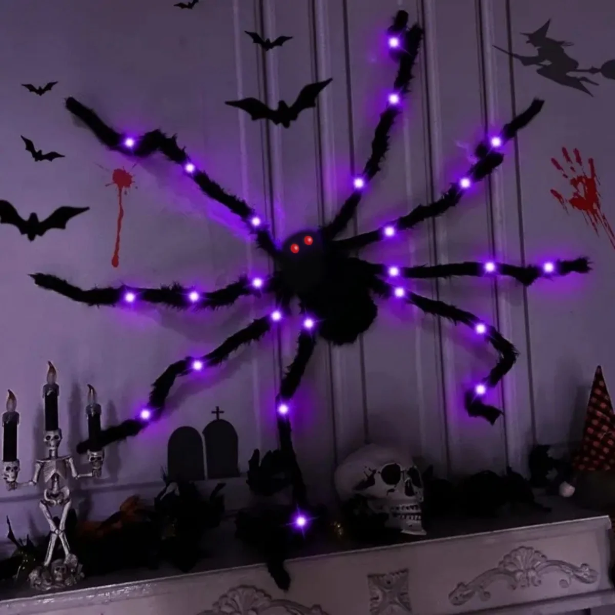 1 pieza de araña gigante luminosa de Halloween, negra y peluda, con luz LED morada, alimentada por batería, 8 modos de iluminación, para decoración de porches interiores y exteriores.