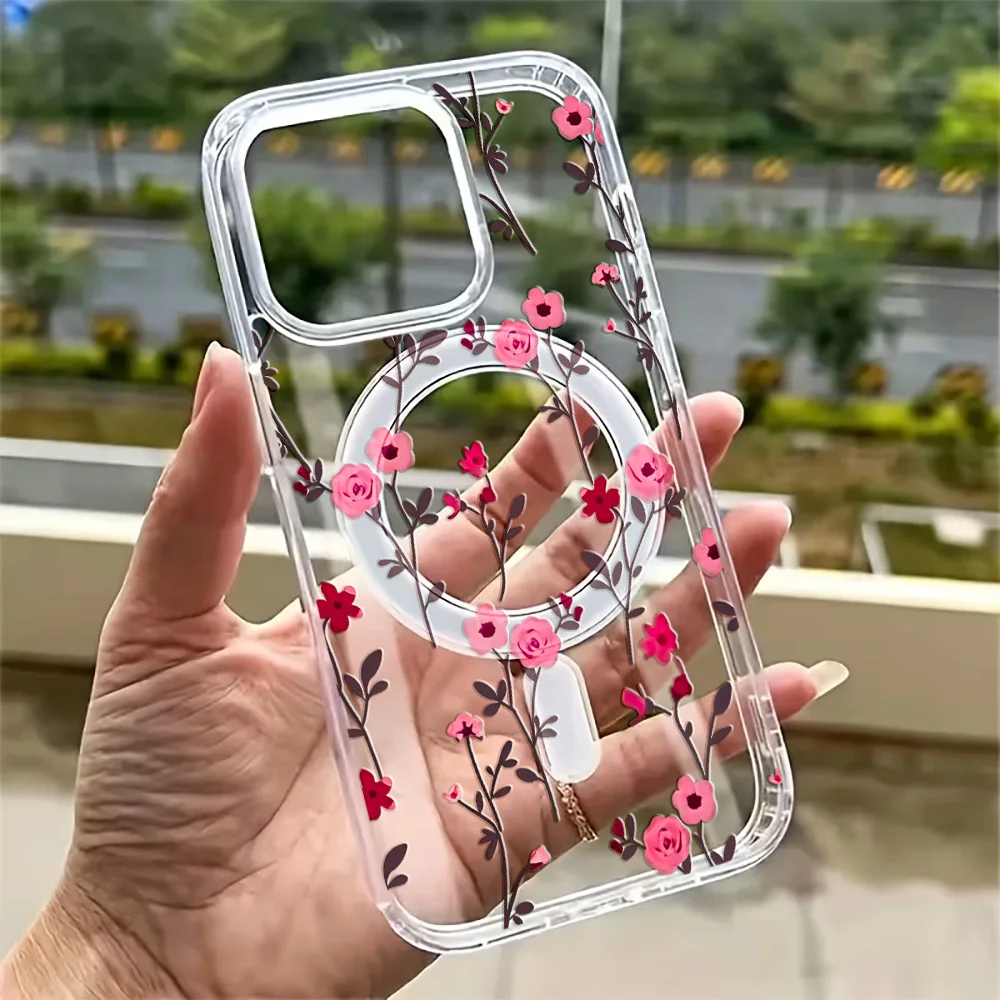 Funda Transparente con Diseño de Flores Silvestres para iPhone 17 16 15 14 13 12 11 Pro Max Plus 16e 17Air, Compatible con Carga Inalámbrica Magsafe