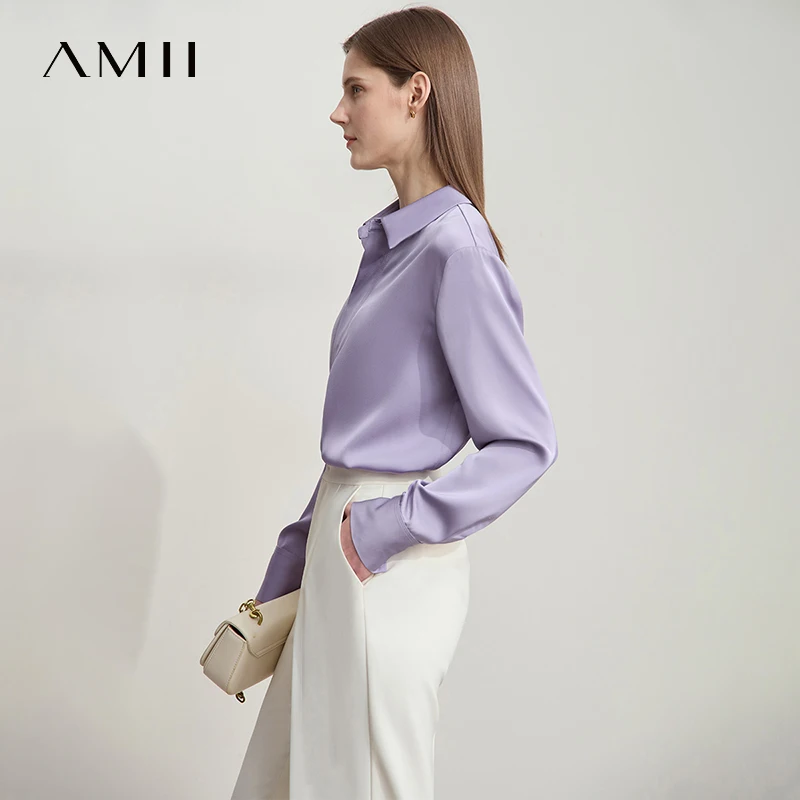 Amii Top minimalista para mujer, camisa de color liso, satén ligero y suave, estilo adelgazante para el lugar de trabajo, camisa francesa para mujer 12521085
