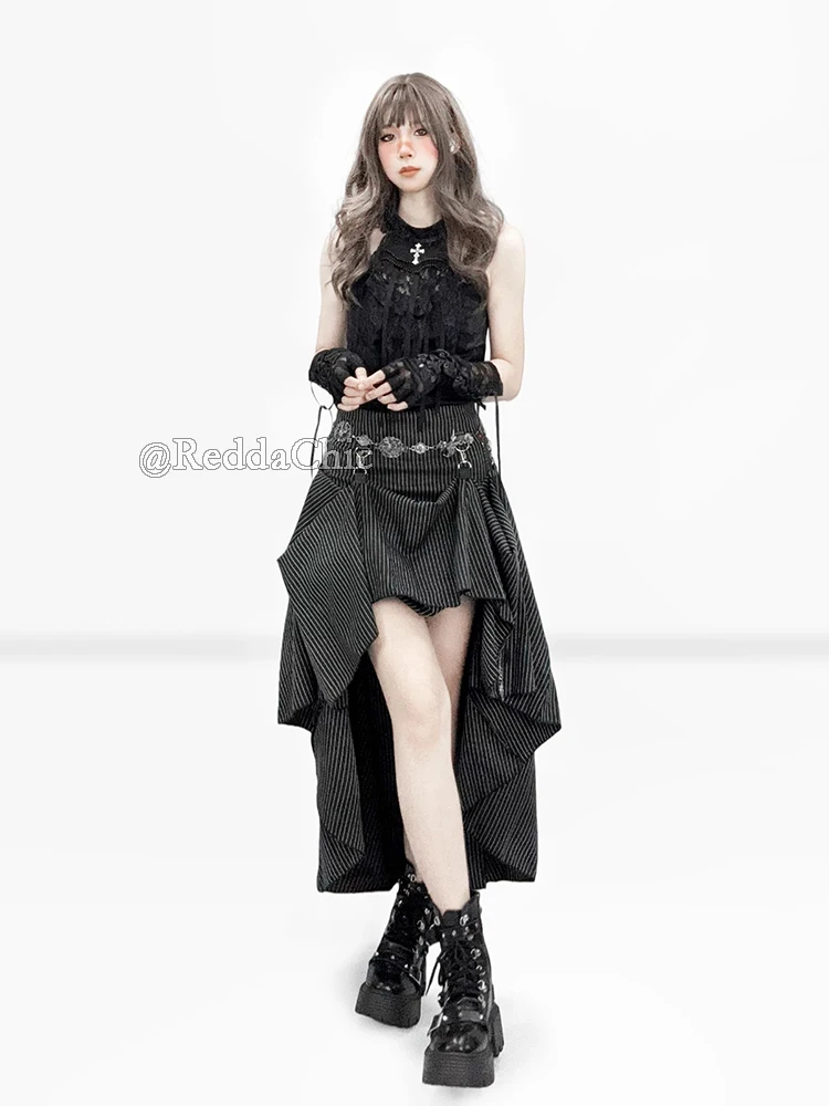 REDDACHiC Falda de Traje a Rayas Negras Estilo Grunge Retro, Falda Maxi de Cola de Pez de 3 Vías con Corte Alto-Bajo y Cola Larga, Ropa Gótica Alternativa para Mujer