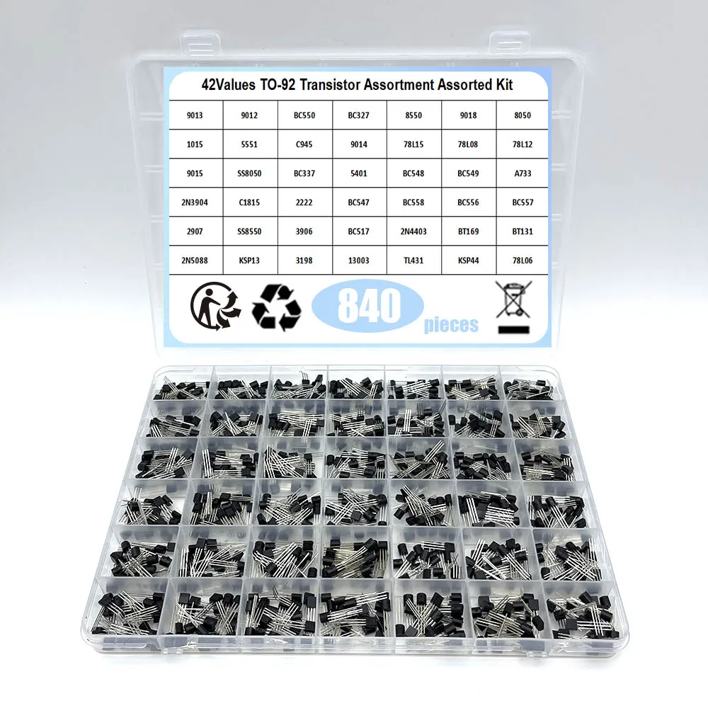 Kit de transistores de 42 valores NPN PNP S8050 S8550 S9012 2N3904 2N3906 C1815 A1015 MJE13001 BC327 BC337 BC517 BC547 BC548 BC549 BC558