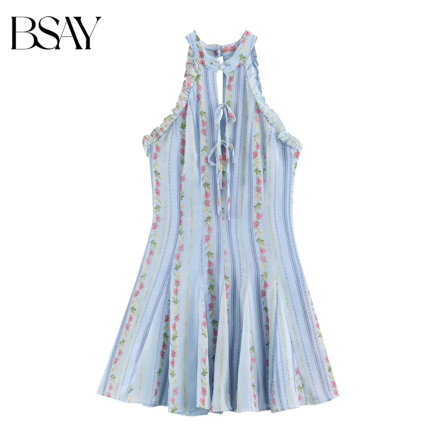 Vestido Halter Vintage BSAY con Estampado Floral y Rayas, con Volantes, Abertura Frontal con Lazo, Sin Mangas, Mini Vestido Ajustado para la Playa o Vacaciones