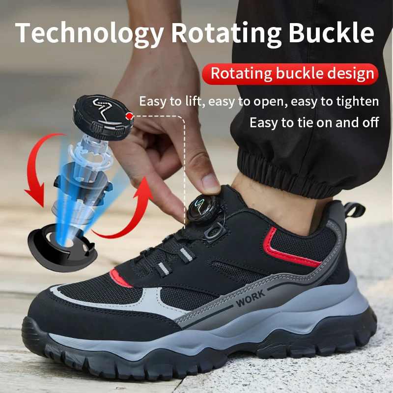 Botas de Trabajo con Hebilla Giratoria, Zapatos de Seguridad Indestructibles para Hombre, Zapatos con Punta de Acero, Zapatillas Antipinchazos, Zapatos de Protección Laboral Antideslizantes
