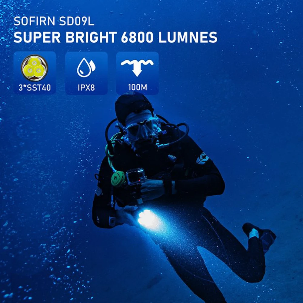 Nueva linterna LED Sofirn SD09L 6800lm 21700 USB recargable bajo el agua antorcha impermeable SST40 luz de buceo