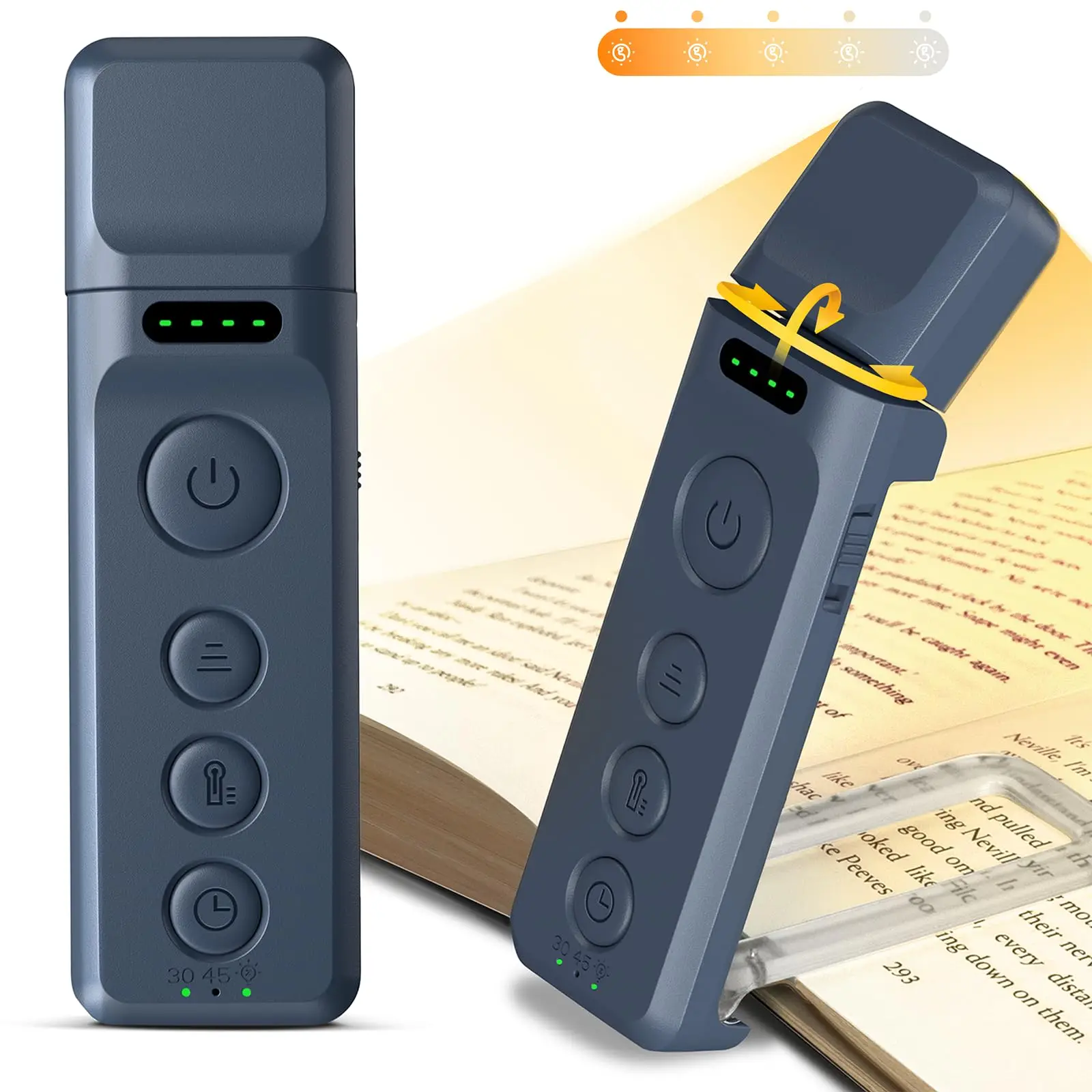 Lámpara recargable por USB, luz de libro estilo marcapáginas con ayuda para dormir y temporizador, luz de libro especializada de 5 brillos y 3 colores