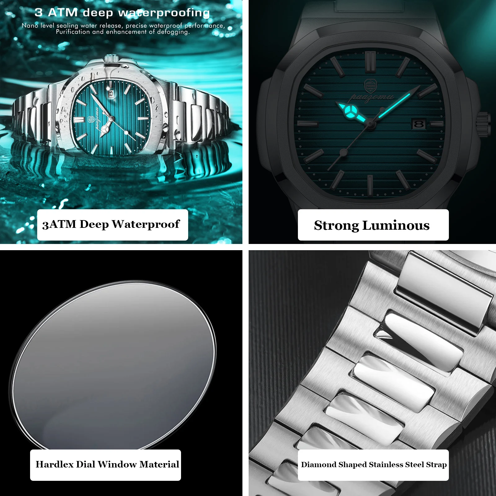 Reloj PAAZOMU de marca de lujo para hombre, reloj deportivo resistente al agua con fecha luminosa, reloj de pulsera para hombre con esfera cuadrada, relojes de cuarzo para hombre de alta calidad
