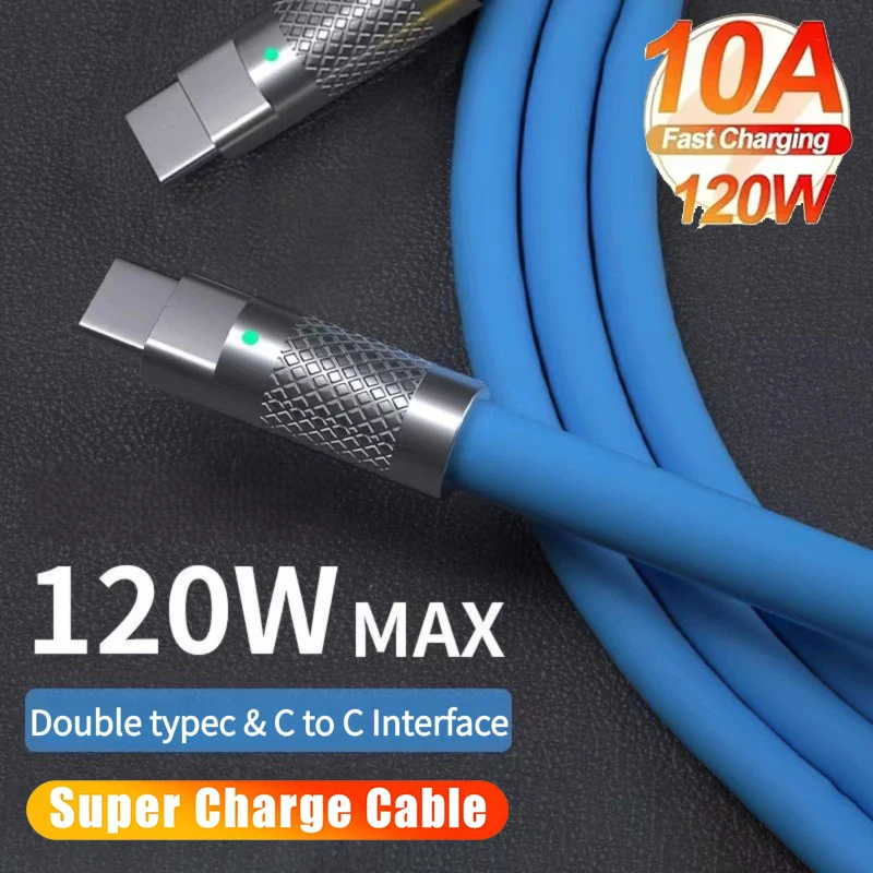 Cable de Carga Súper Rápida de 10A 120W, Tipo C, Silicona Líquida, 1/1.5/2M, Cable de Carga Rápida C a C para Xiaomi iPhone