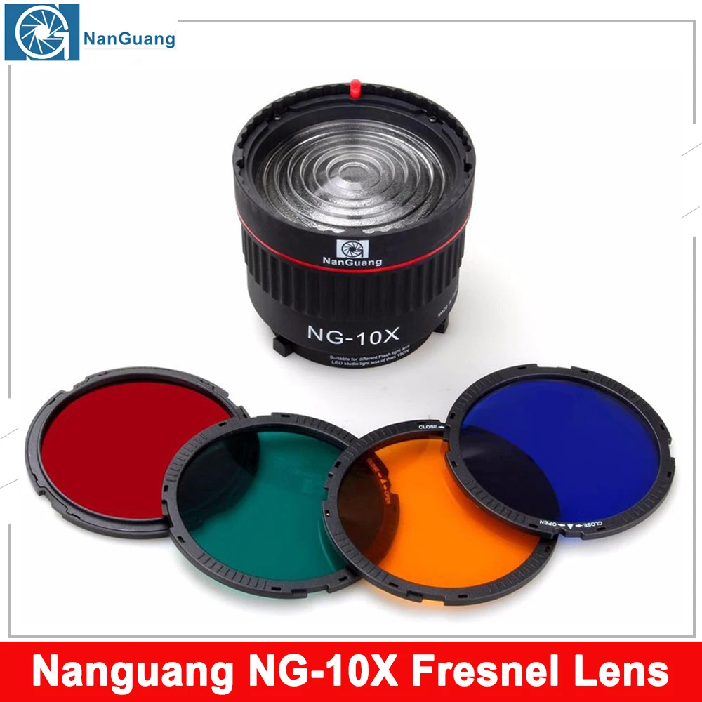 Nanguang-lente de enfoque NG 10X Fresnel para estudio de Flash LED, montaje Bowen para Flash y luz Led con filtro de 4 colores