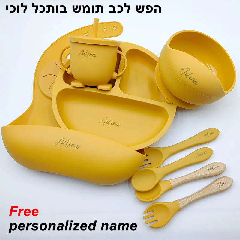 Juegos de platos de alimentación de bebé, tazón de succión, plato de silicona para niños, vajilla para niños de 6 uds., platos de cena con nombre personalizado, tazas, cuchara