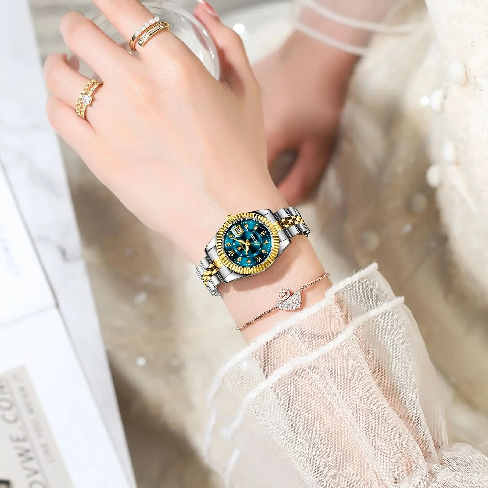 POEDAGAR, reloj de lujo para mujer, resistente al agua, de acero inoxidable, luminoso, con fecha, reloj de cuarzo para mujer, relojes elegantes a la moda para mujer