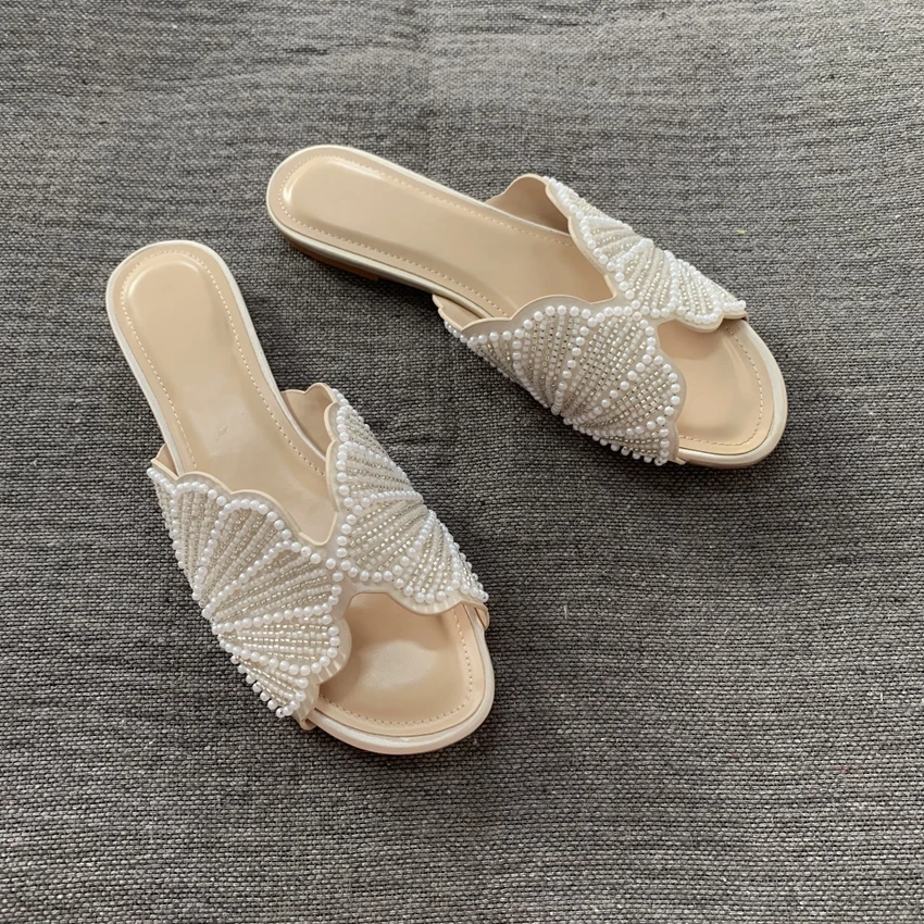 Sandalias Planas de Verano de Lujo para Mujer, Sandalias de Diseñador con Imitación de Perlas, Cómodas y Ligeras, Zapatos Casuales de Playa para Mujer