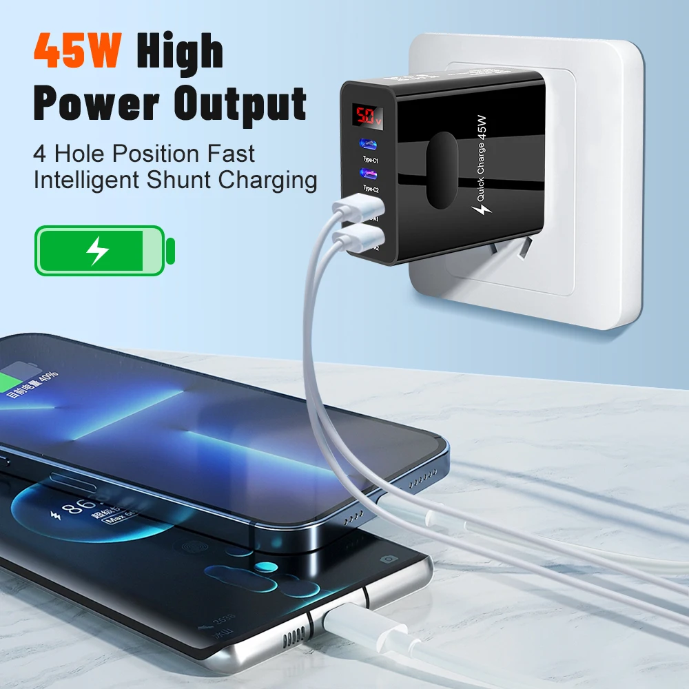 Cargador de pantalla Digital de 4 puertos, cargador USB tipo C, carga rápida 3,0 PD, adaptador de carga de teléfono para Xiaomi, iPhone, Samsung, viaje C