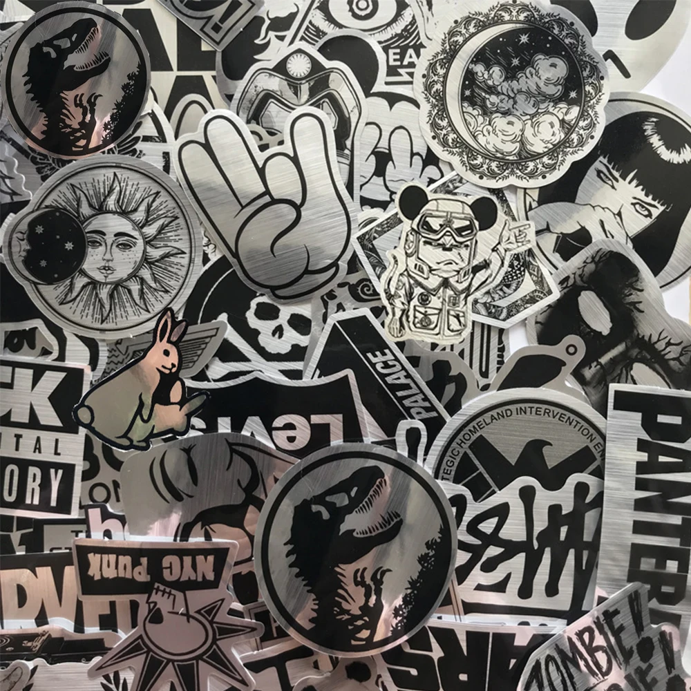 10/30/50/100 Uds. Imitando el logotipo de la marca de Metal pegatinas de banda de Rock Graffiti monopatín equipaje fresco PVC pegatina impermeable juguetes para niños