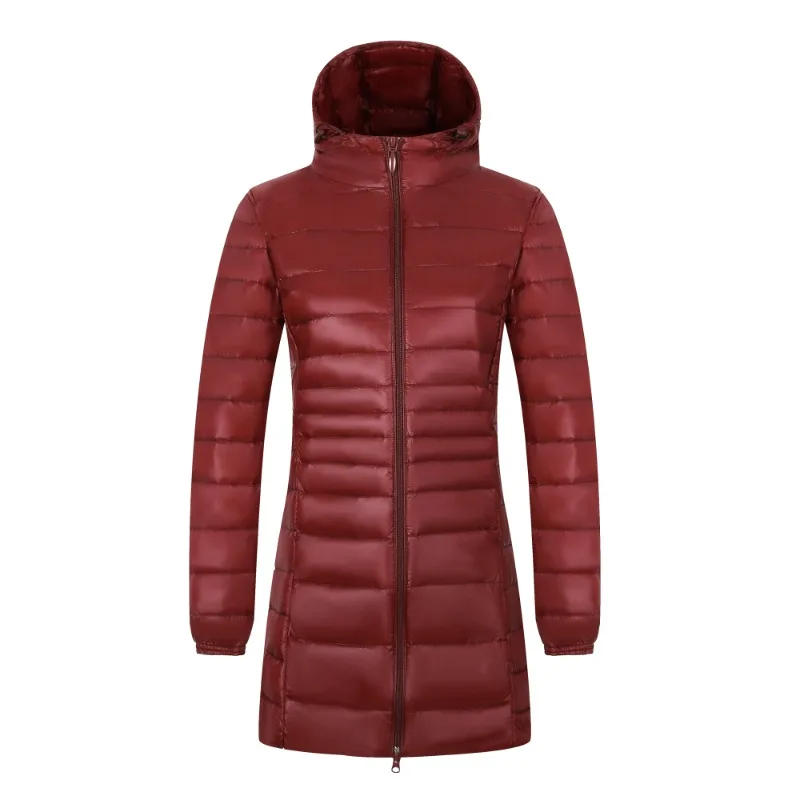 Chaqueta larga de plumón para mujer, abrigo acolchado con capucha, ligero y cálido, con bolsa de almacenamiento para facilitar su transporte, ideal para el invierno, prenda de abrigo informal.